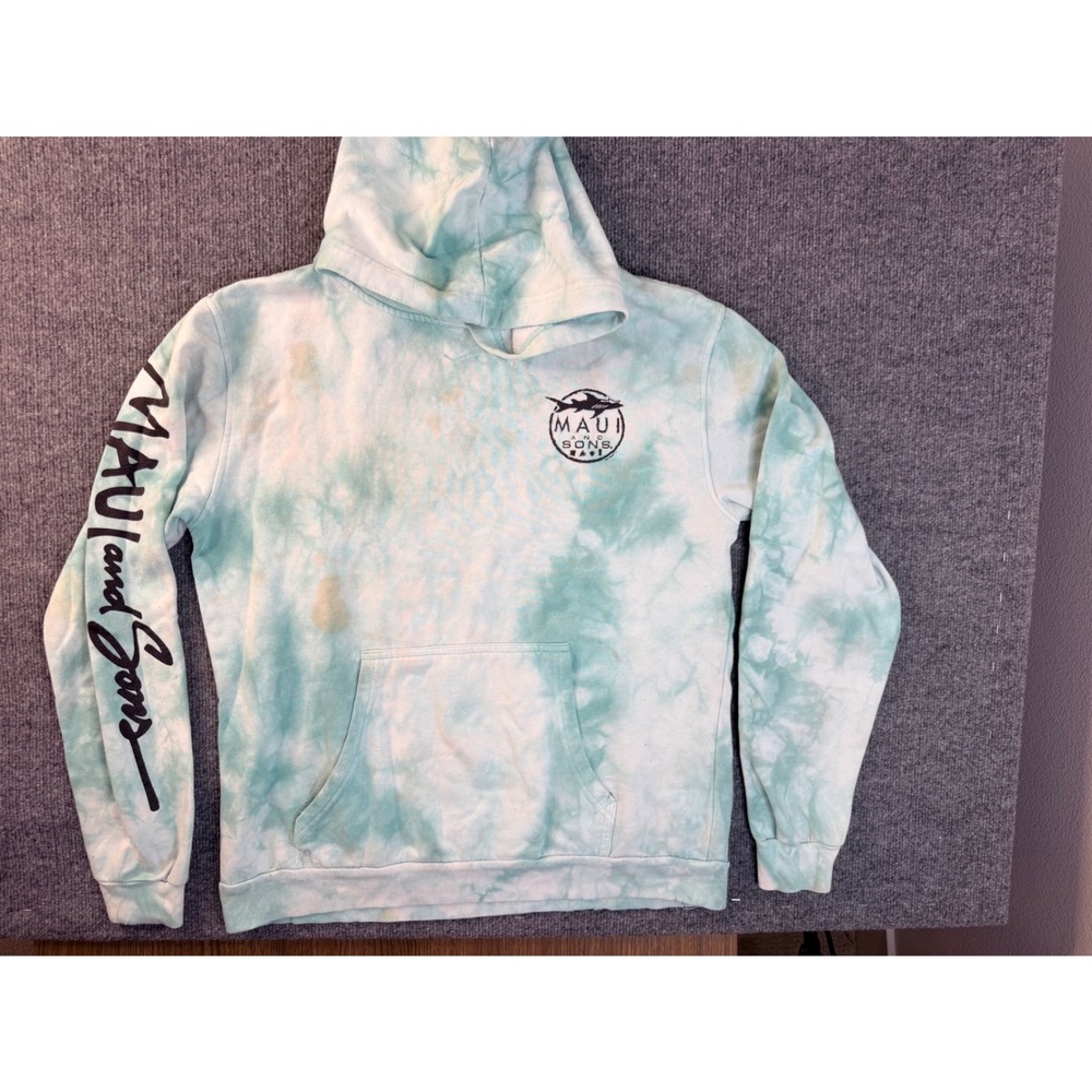Maui and Sons Hoodie Teal Tie Dye Shark Graphic Pullover Sweatshirt Mens M